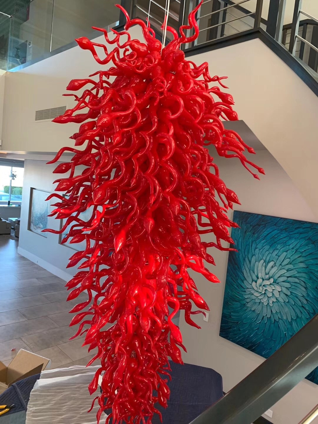 Red Murano Glass Chandelier Staircase LED Lustres Modern Hanging Light Fixture