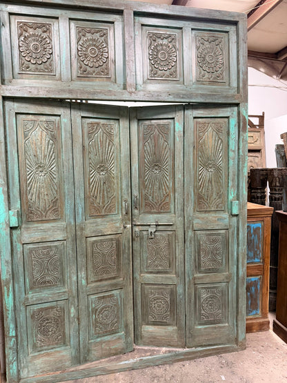 Antique Green Carved Door Teak Wood Double Door Hinged Garden Door 98x69