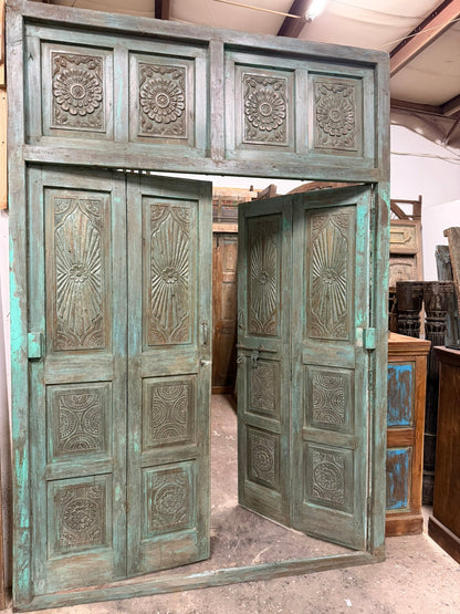 Antique Green Carved Door Teak Wood Double Door Hinged Garden Door 98x69