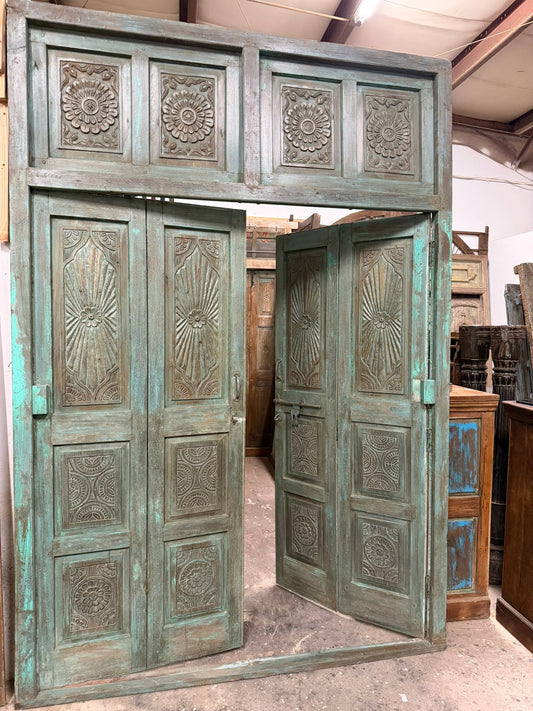 Antique Green Carved Door Teak Wood Double Door Hinged Garden Door 98x69