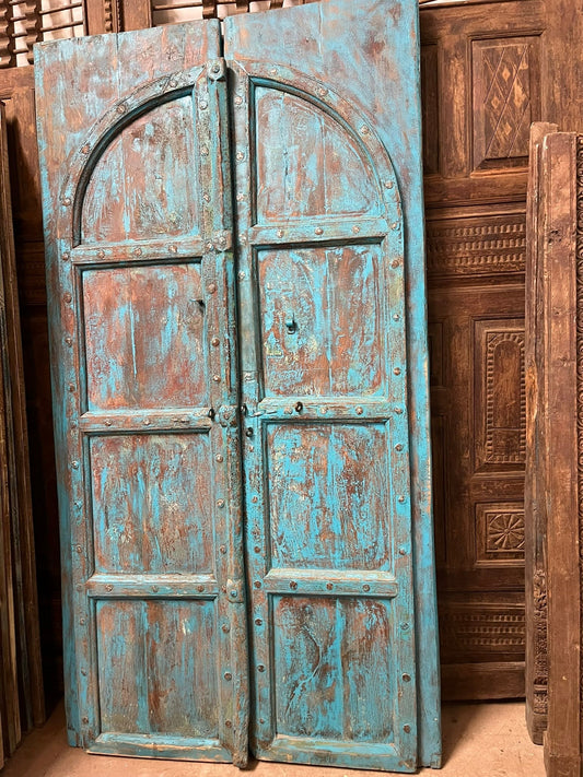 Antique Rustic Arched Door Teak Wood Blue Patina Garden Gates 87x46