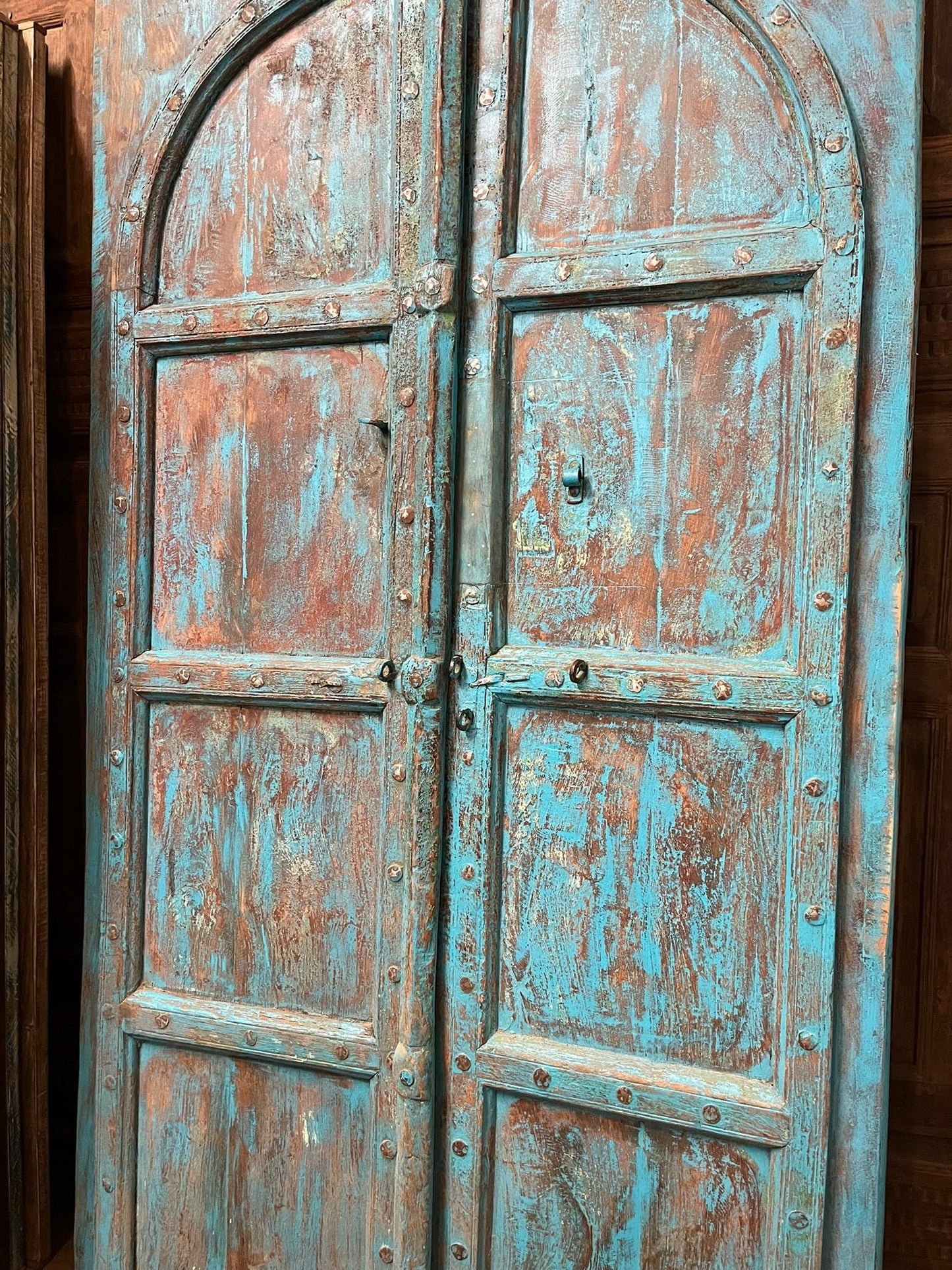 Antique Rustic Arched Door Teak Wood Blue Patina Garden Gates 87x46