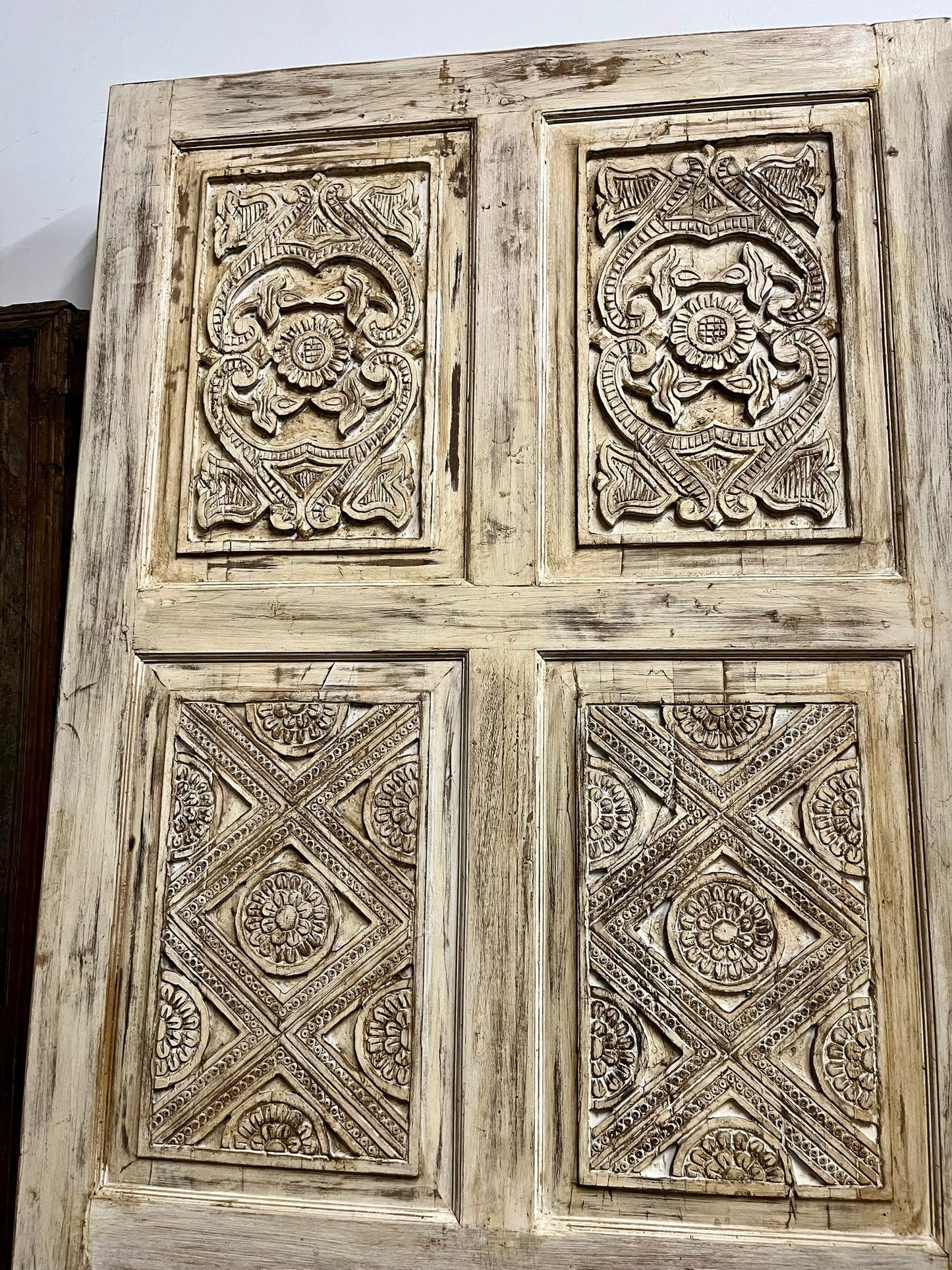 Vintage Carved Barn Door – Whitewash Rustic Reclaimed Farmhouse Door 96x48