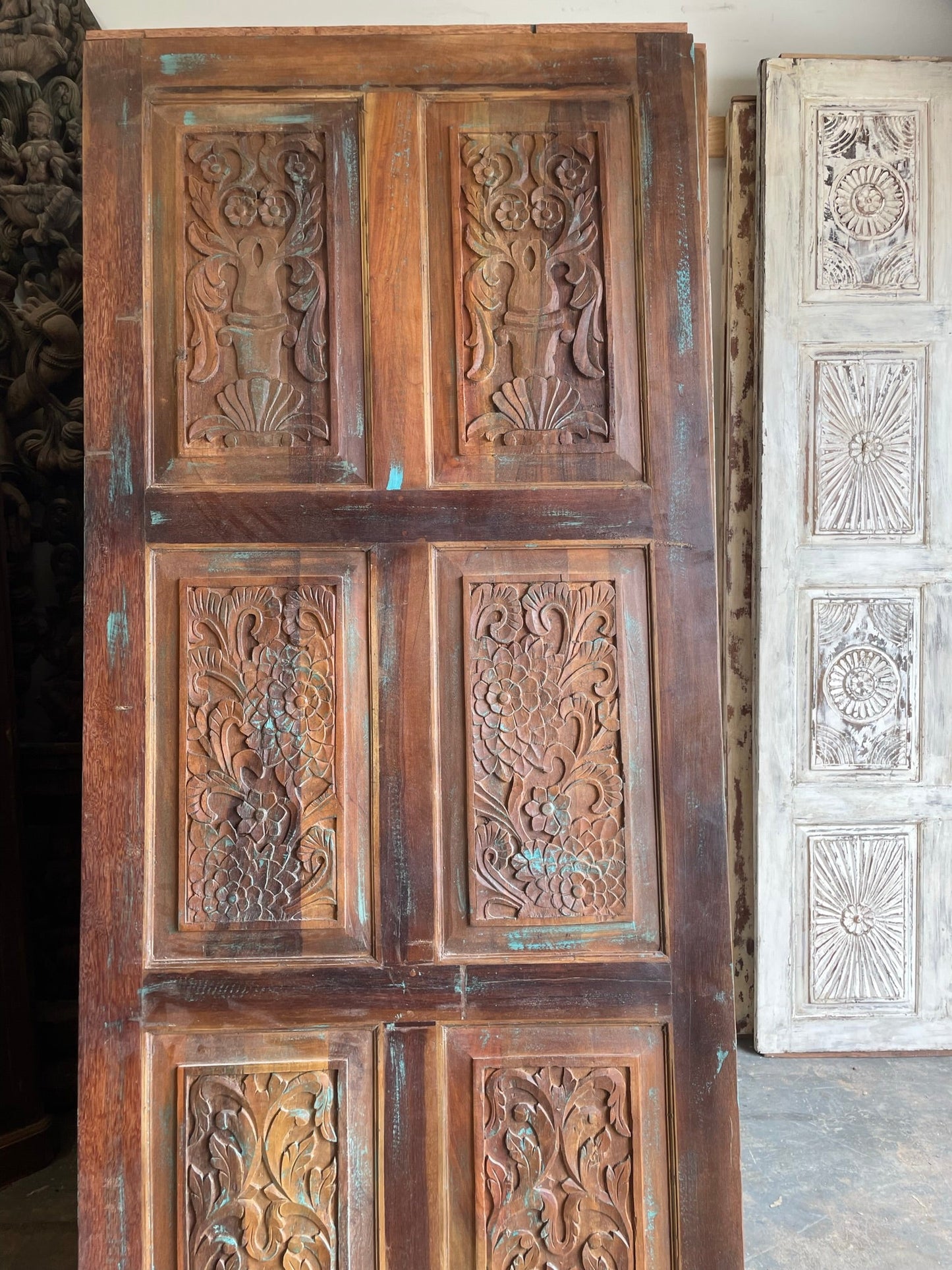 Vintage Carved Floral Barn Door – Rustic 6-Panel Farmhouse Statement Door | Country Decor 84x36