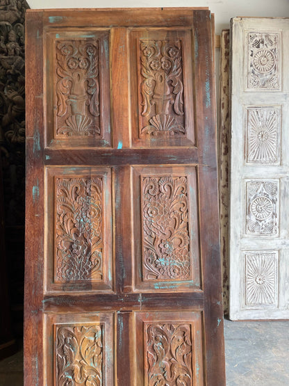 Vintage Carved Floral Barn Door – Rustic 6-Panel Farmhouse Statement Door | Country Decor 84x36