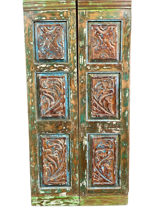 Vintage Double Door Colorful Hues Hand Carved Boho Rustic Barn Door 80x38.5