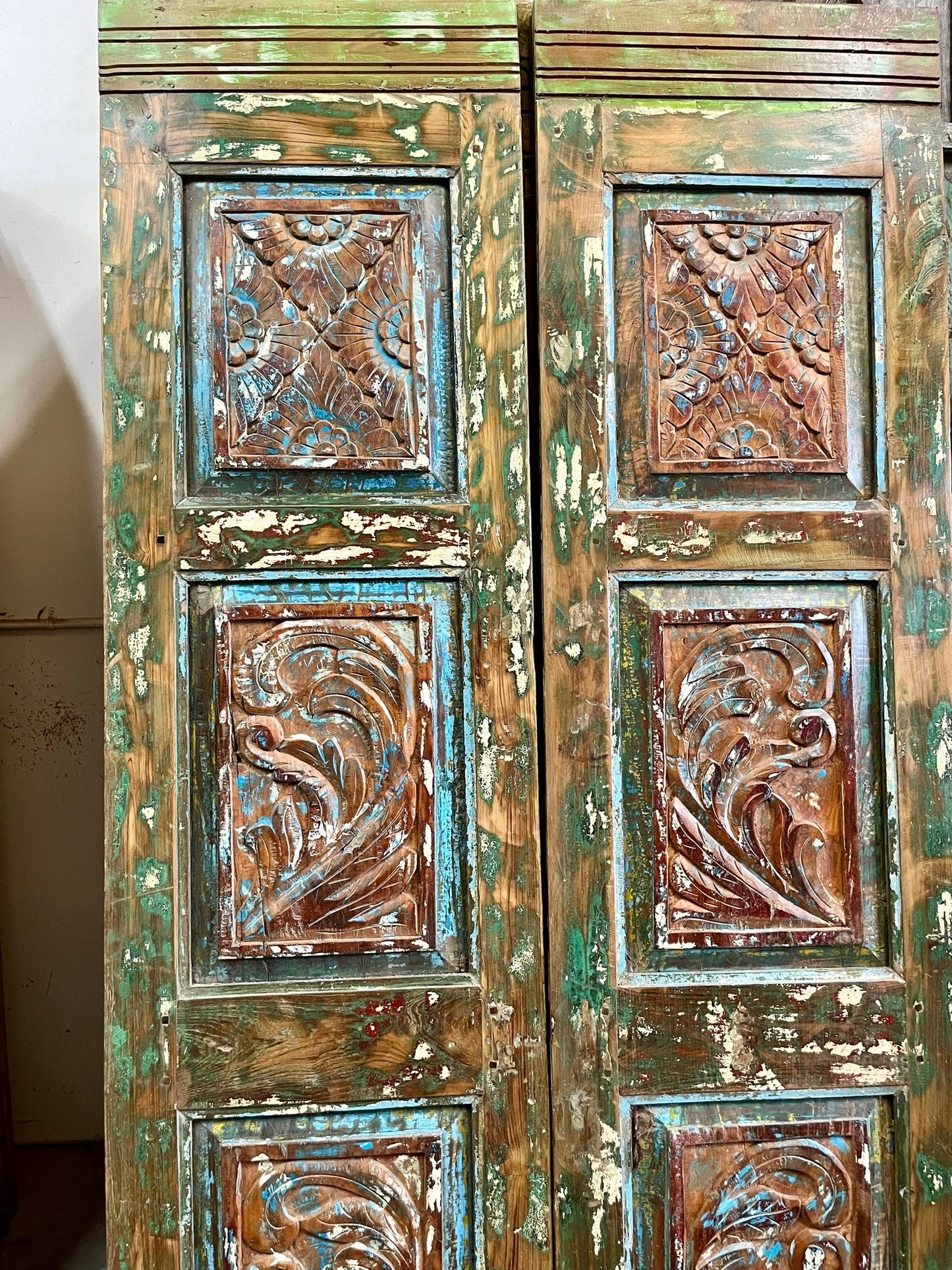 Vintage Double Door Colorful Hues Hand Carved Boho Rustic Barn Door 80x38.5