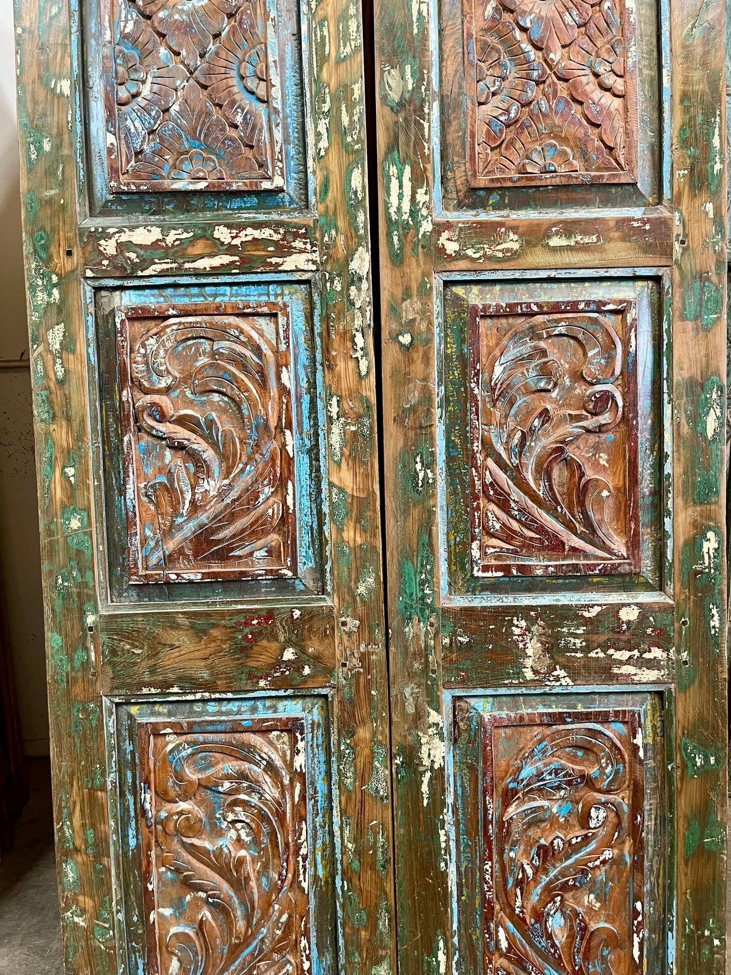 Vintage Double Door Colorful Hues Hand Carved Boho Rustic Barn Door 80x38.5