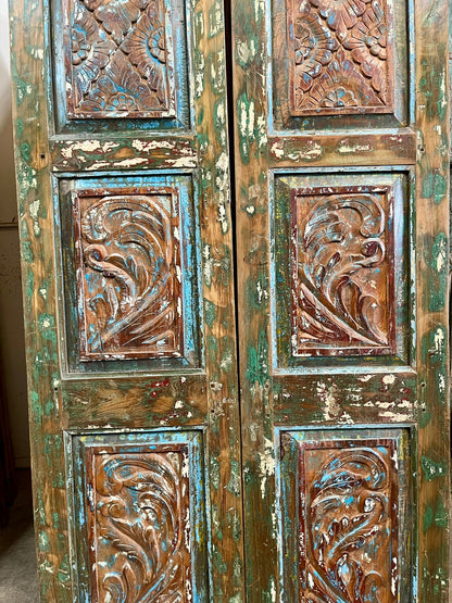 Vintage Double Door Colorful Hues Hand Carved Boho Rustic Barn Door 80x38.5
