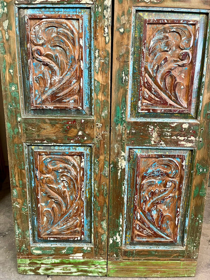 Vintage Double Door Colorful Hues Hand Carved Boho Rustic Barn Door 80x38.5
