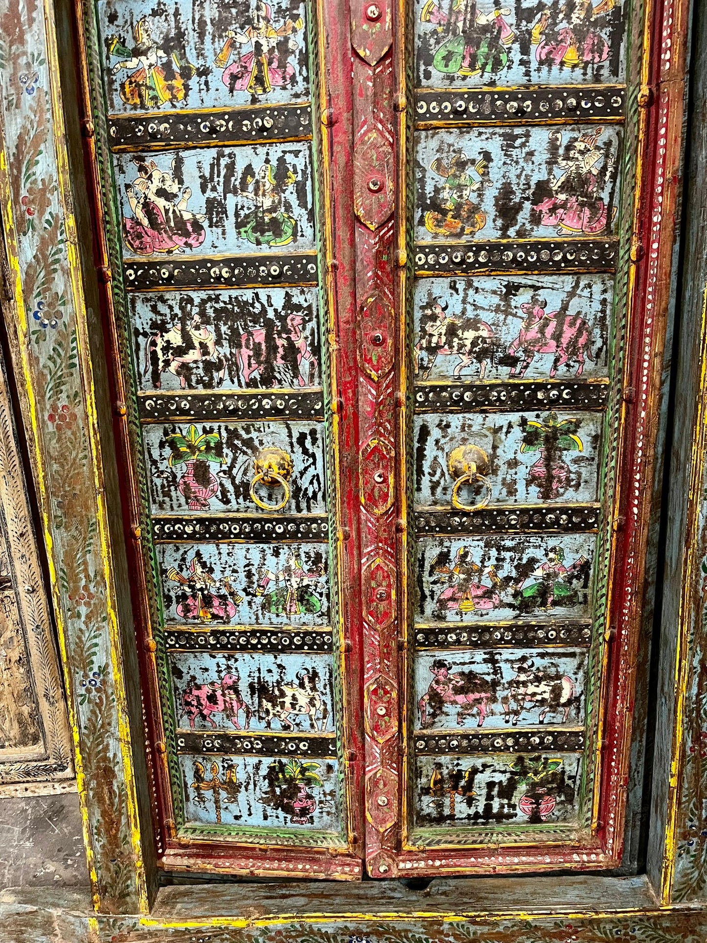 Antique Indian Door Hand Carved Blue Painted Garden Doors 69.5x38