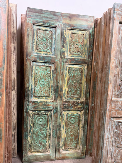 Antique Carved Closet Door Blue Floral Hinged or Sliding Barn Door Panel 80x35