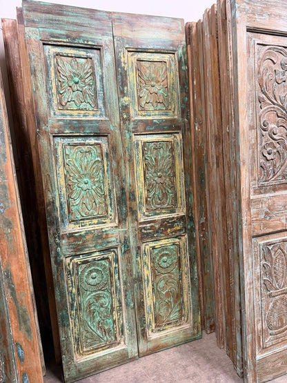 Antique Carved Closet Door Blue Floral Hinged or Sliding Barn Door Panel 80x35