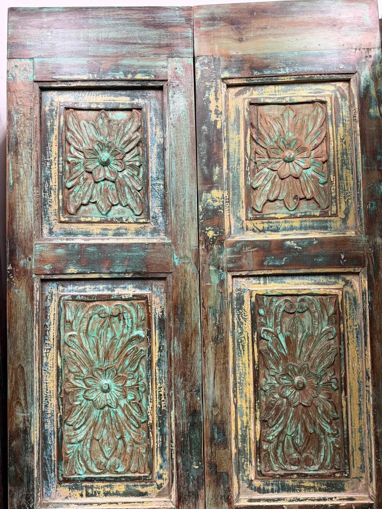 Antique Carved Closet Door Blue Floral Hinged or Sliding Barn Door Panel 80x35