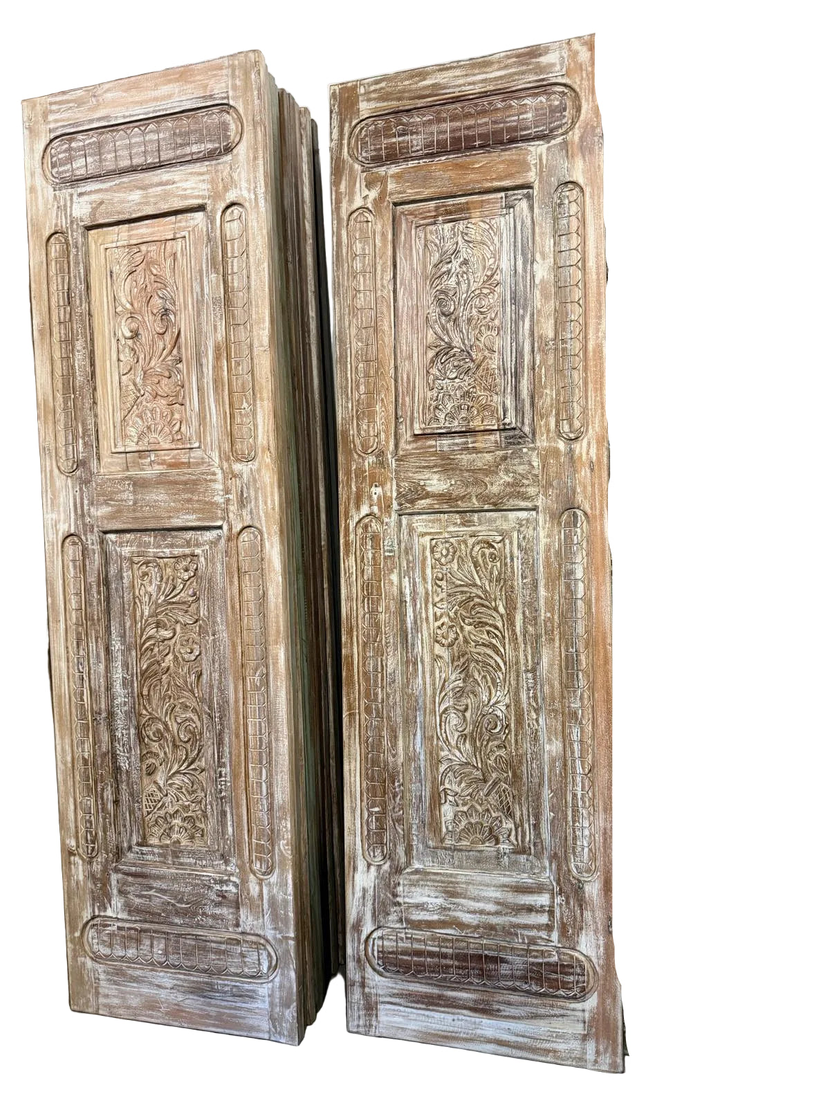 Antique Carved Wooden Door Panel | Distressed Whitewash Floral Barn Door 96x27