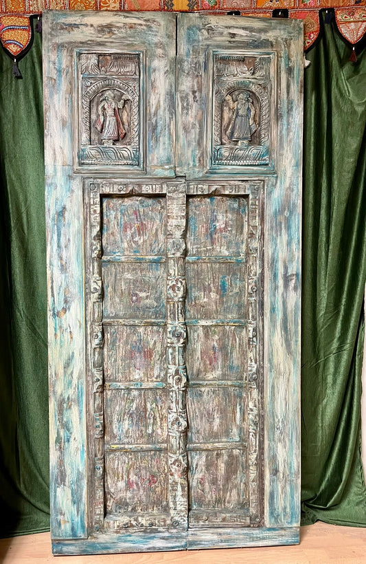 Vintage Carved Indian Door – Rustic Distressed Blue Reclaimed Wood Door