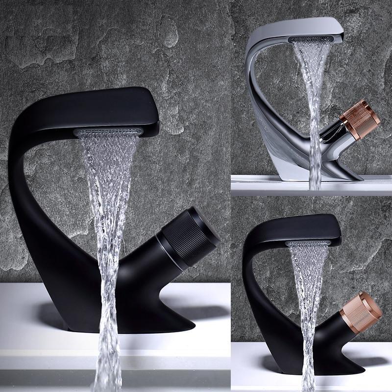 Black Faucet Bathroom Sink Faucets Hot Cold Water Mixer Crane Deck Mounted Single Hole Bath Tap