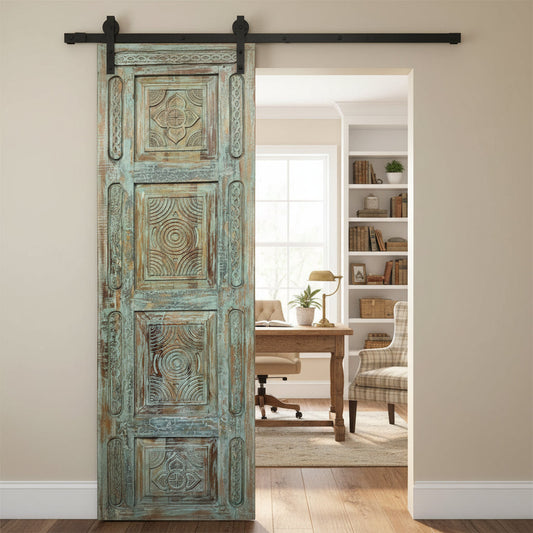 Antique Carved Door Blue Floral Panty Door Rustic Bedroom Barn Door 96x29.5
