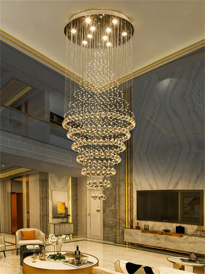 Modern LED Crystal Villa Chandelier Droplight Long Circular Crystal Lighting