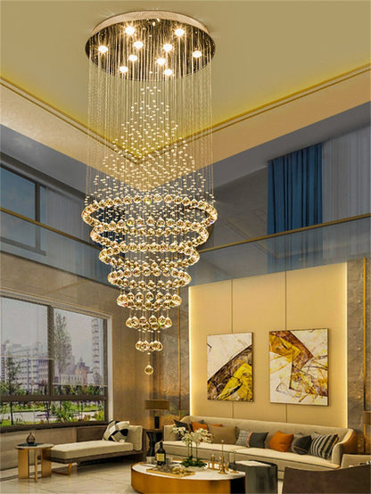 Modern LED Crystal Villa Chandelier Droplight Long Circular Crystal Lighting