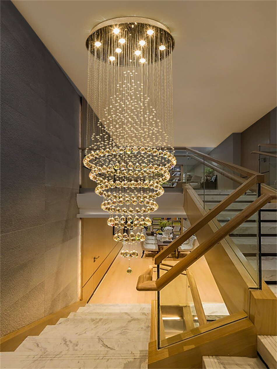 Modern LED Crystal Villa Chandelier Droplight Long Circular Crystal Lighting