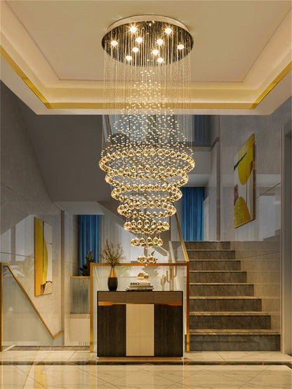 Modern LED Crystal Villa Chandelier Droplight Long Circular Crystal Lighting