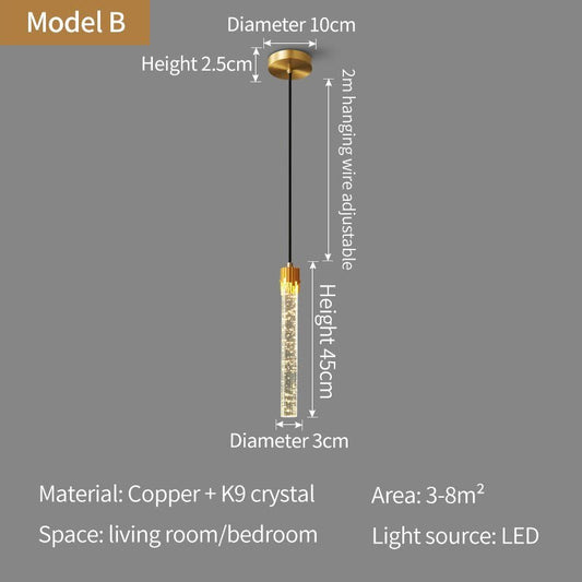 Nordic all-copper Light Luxury Post-modern Crystal Chandelier Model Room Dining Room Bedroom Bed Bar Creative Pendant light