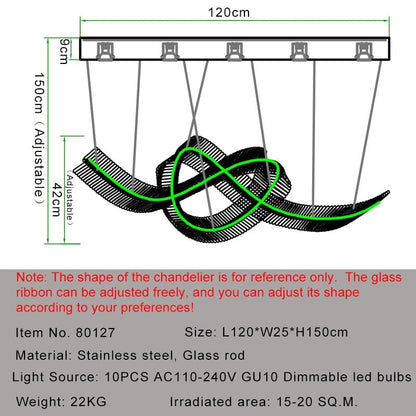 Ribbon Design Modern Chandelier For Dining Room Luxury Island Hanging Glass Lamp Led Light Fixture