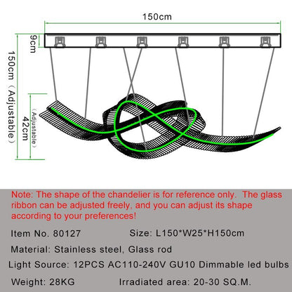 Ribbon Design Modern Chandelier For Dining Room Luxury Island Hanging Glass Lamp Led Light Fixture