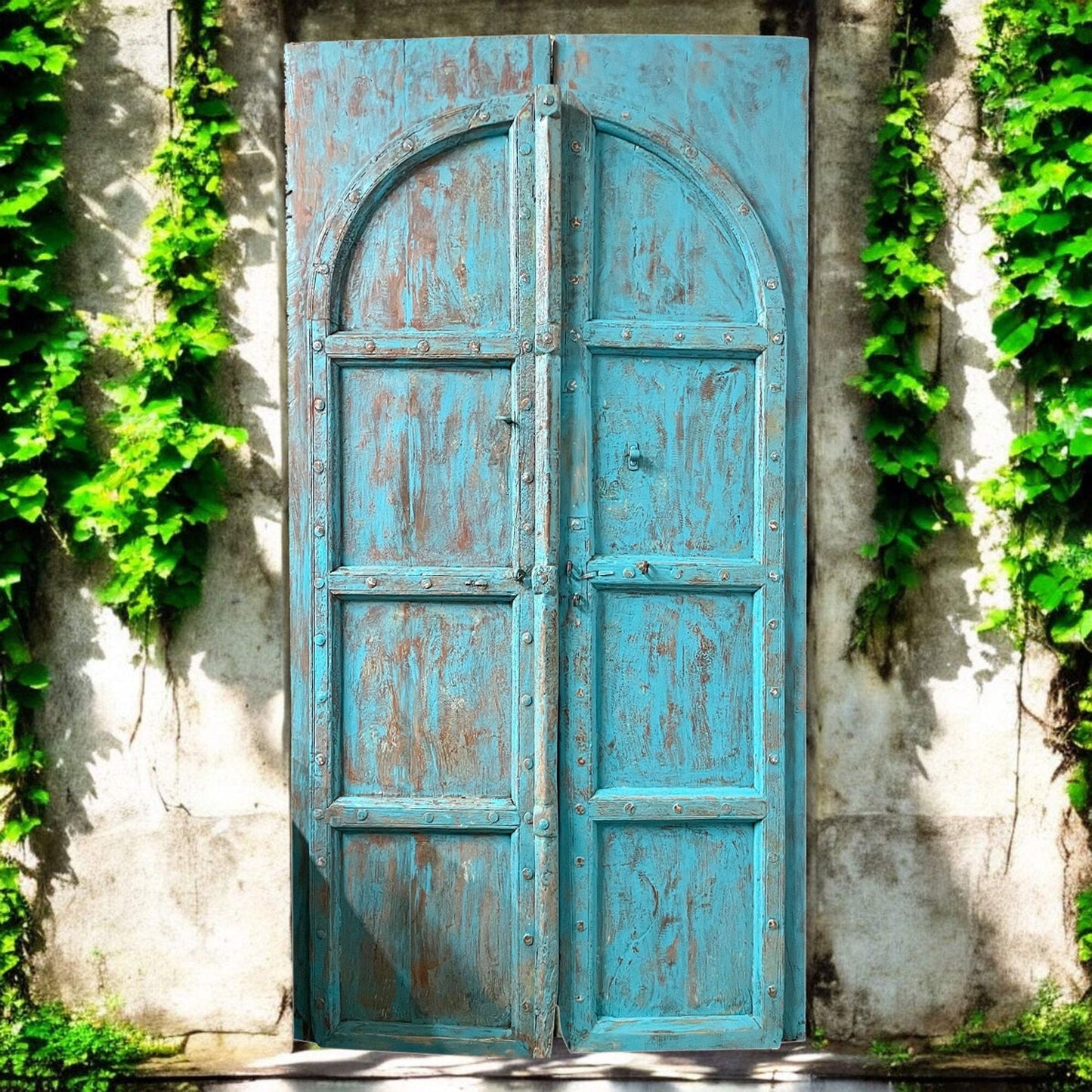 Antique Rustic Arched Door Teak Wood Blue Patina Garden Gates 87x46