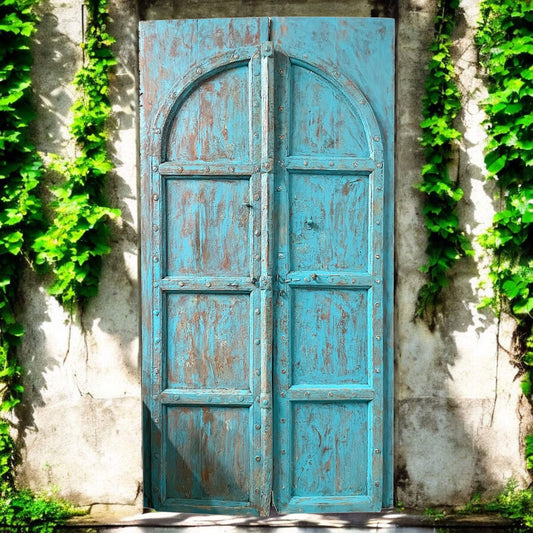 Antique Rustic Arched Door Teak Wood Blue Patina Garden Gates 87x46