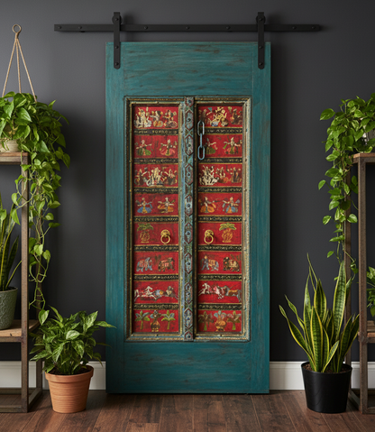Antique Blue Painted Door Hand Carved Custom Ganesha Temple Barn Door 88x42