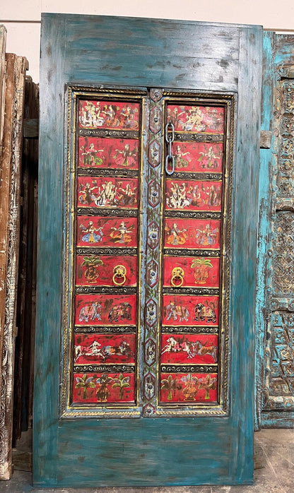 Antique Blue Painted Door Hand Carved Custom Ganesha Temple Barn Door 88x42