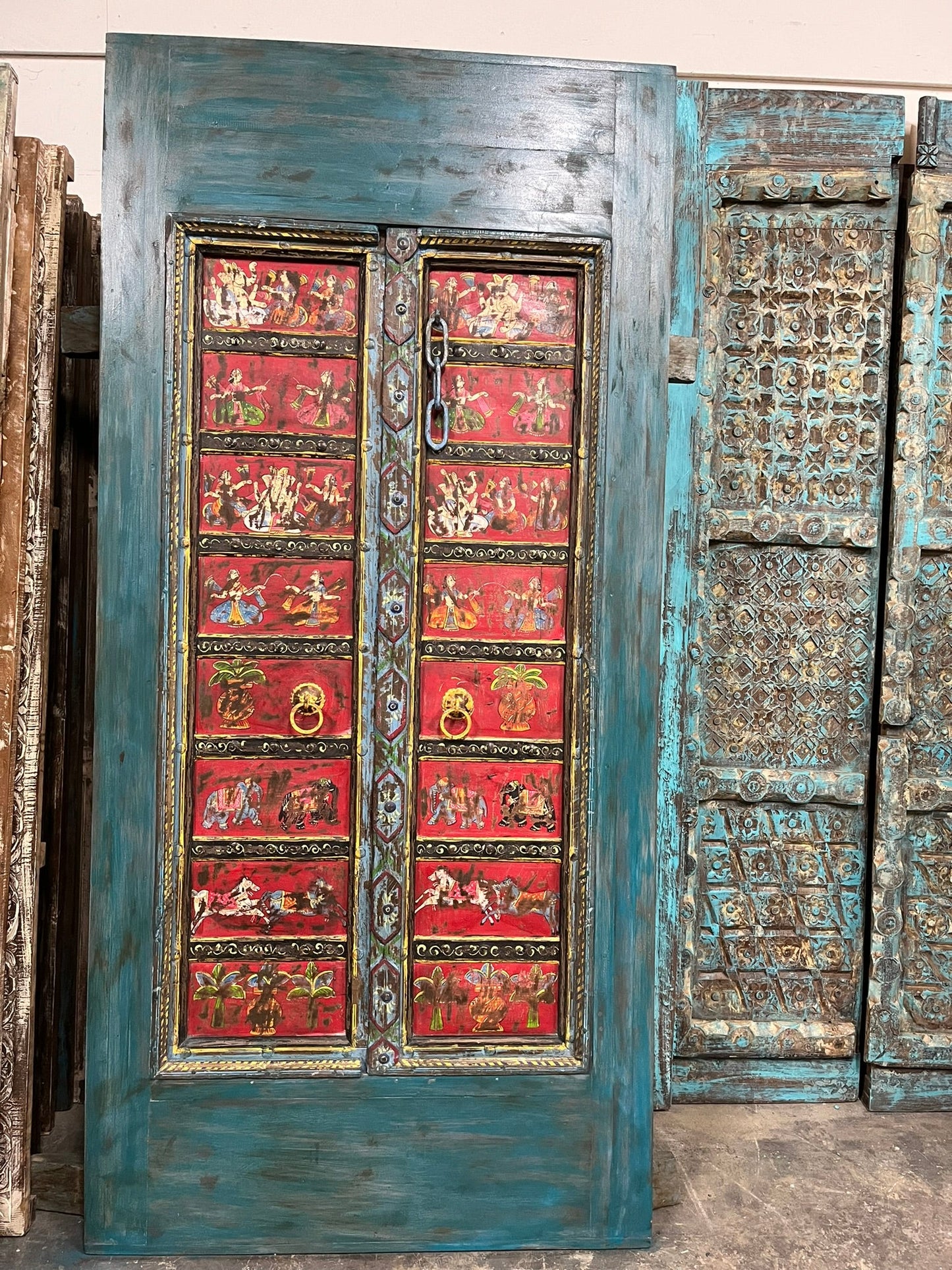 Antique Blue Painted Door Hand Carved Custom Ganesha Temple Barn Door 88x42