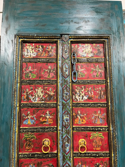 Antique Blue Painted Door Hand Carved Custom Ganesha Temple Barn Door 88x42
