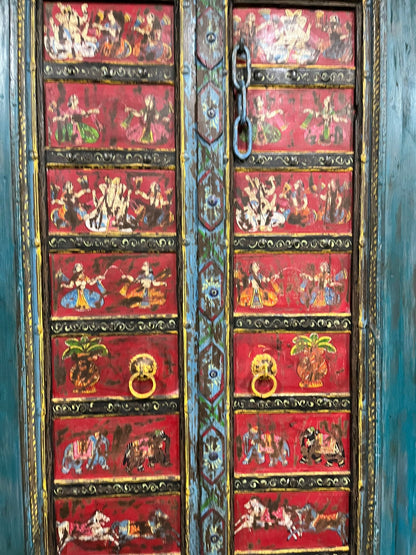 Antique Blue Painted Door Hand Carved Custom Ganesha Temple Barn Door 88x42