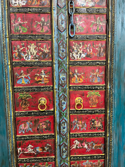Antique Blue Painted Door Hand Carved Custom Ganesha Temple Barn Door 88x42