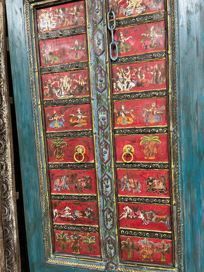 Antique Blue Painted Door Hand Carved Custom Ganesha Temple Barn Door 88x42
