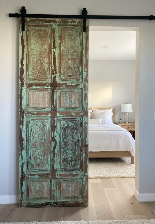 Vintage Carved Door Panel Distress Green Rustic Farmhouse Barn Door 96