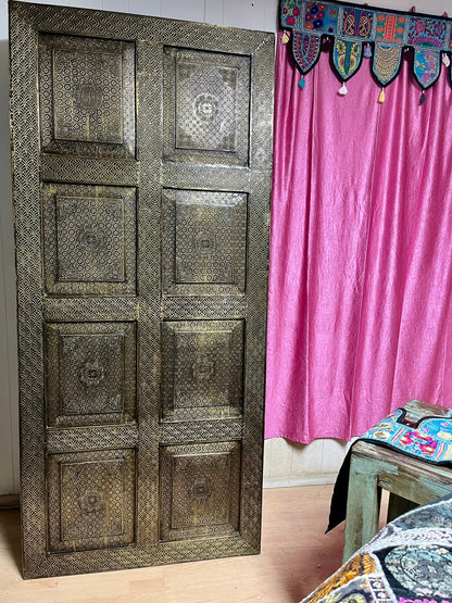 Vintage Brass Cladded Door Artisan Carved Barndoor Farmhouse Doors 80x36