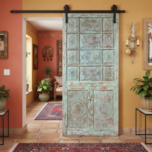 Rustic Farmhouse Barn Door Vintage Carved Blue Accent Hinged Door 81x36