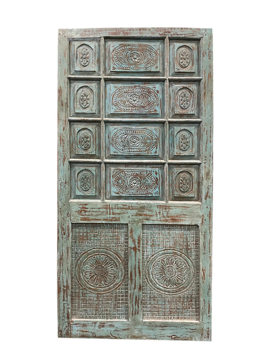 Rustic Farmhouse Barn Door Vintage Carved Blue Accent Hinged Door 81x36