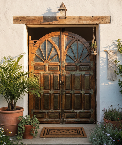 Huge Antique Authentic Door Brass Cladded Carved Farmhouse Entry Doors 118x92