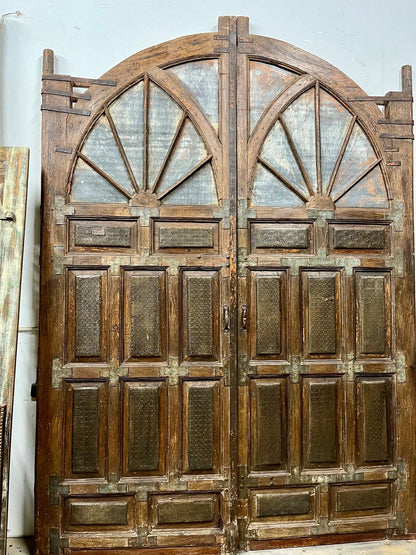 Huge Antique Authentic Door Brass Cladded Carved Farmhouse Entry Doors 118x92