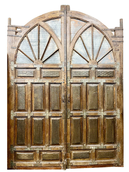 Huge Antique Authentic Door Brass Cladded Carved Farmhouse Entry Doors 118x92