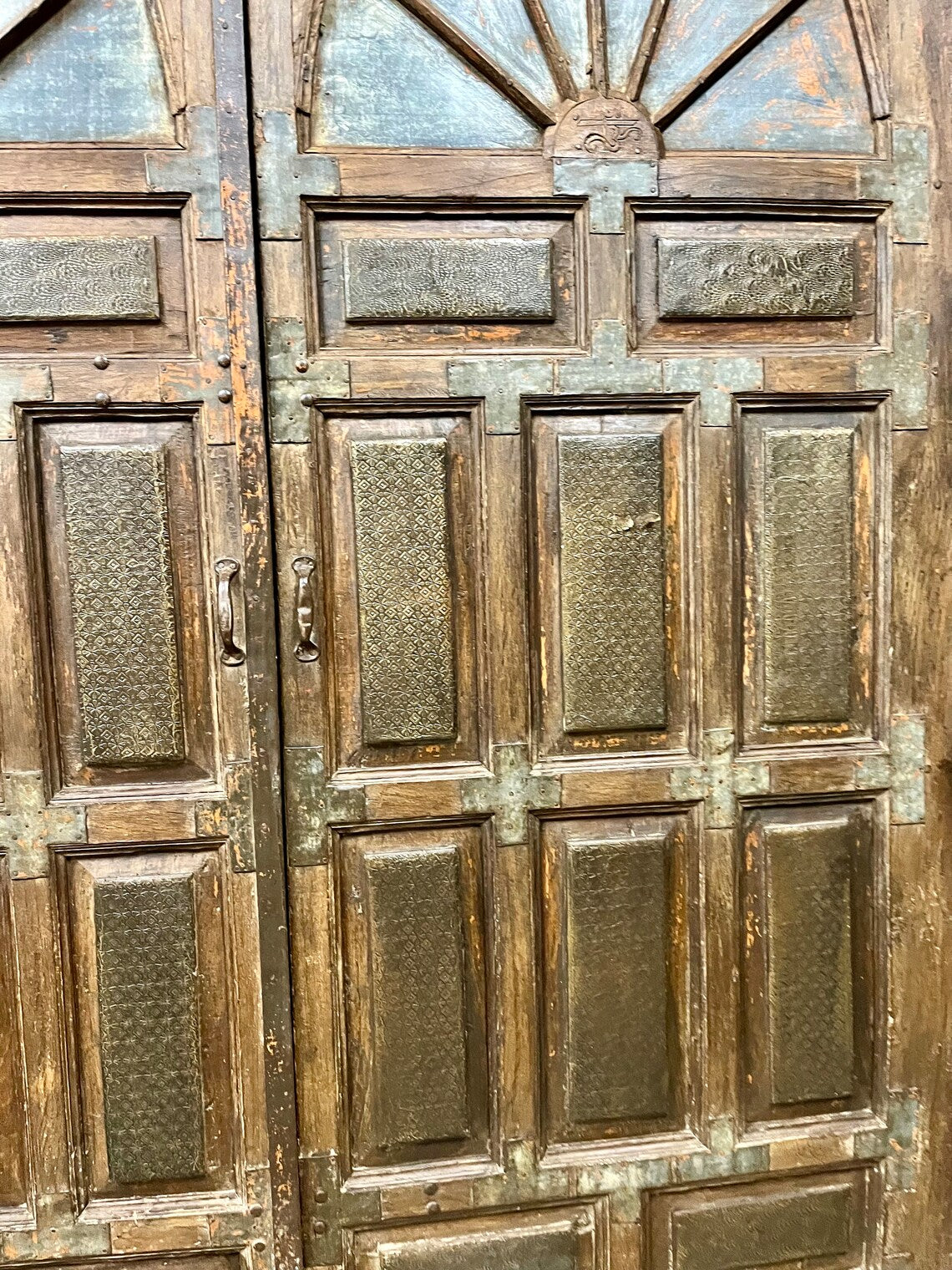 Huge Antique Authentic Door Brass Cladded Carved Farmhouse Entry Doors 118x92
