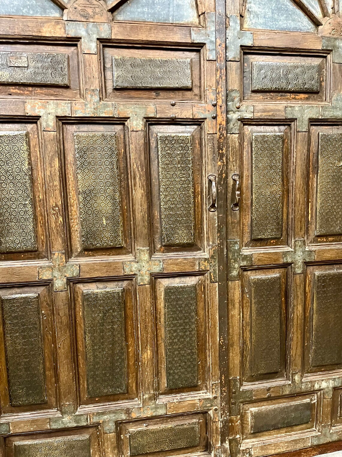Huge Antique Authentic Door Brass Cladded Carved Farmhouse Entry Doors 118x92