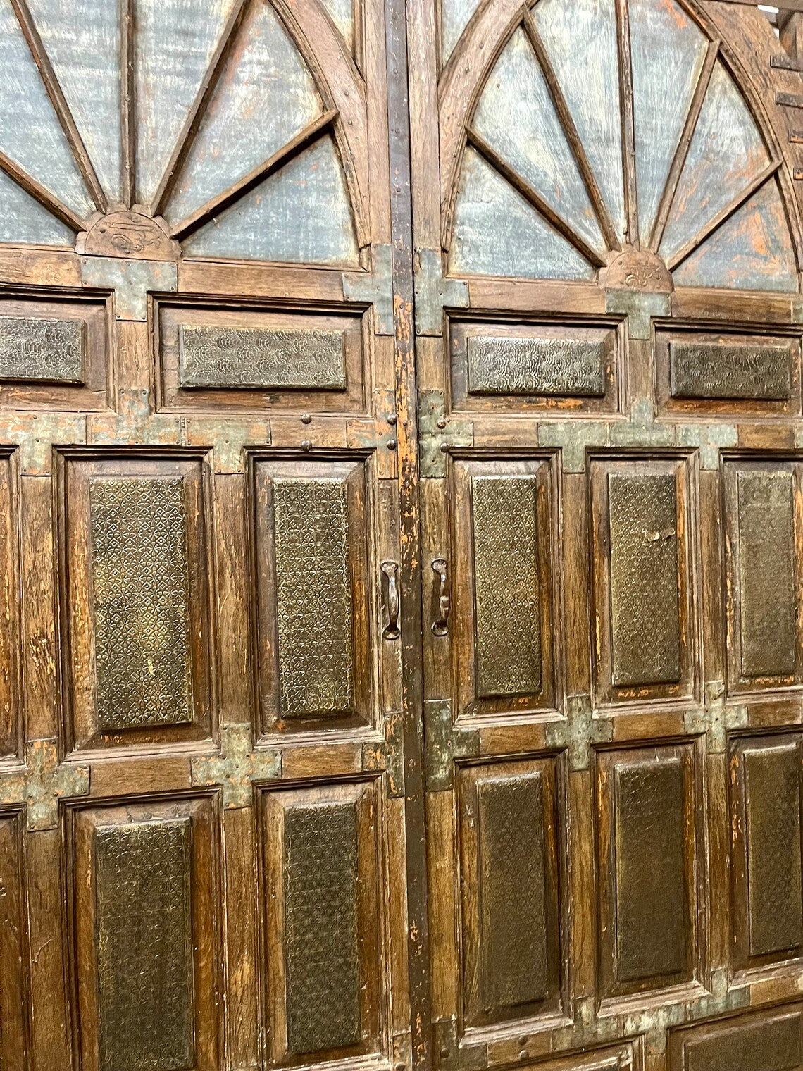 Huge Antique Authentic Door Brass Cladded Carved Farmhouse Entry Doors 118x92