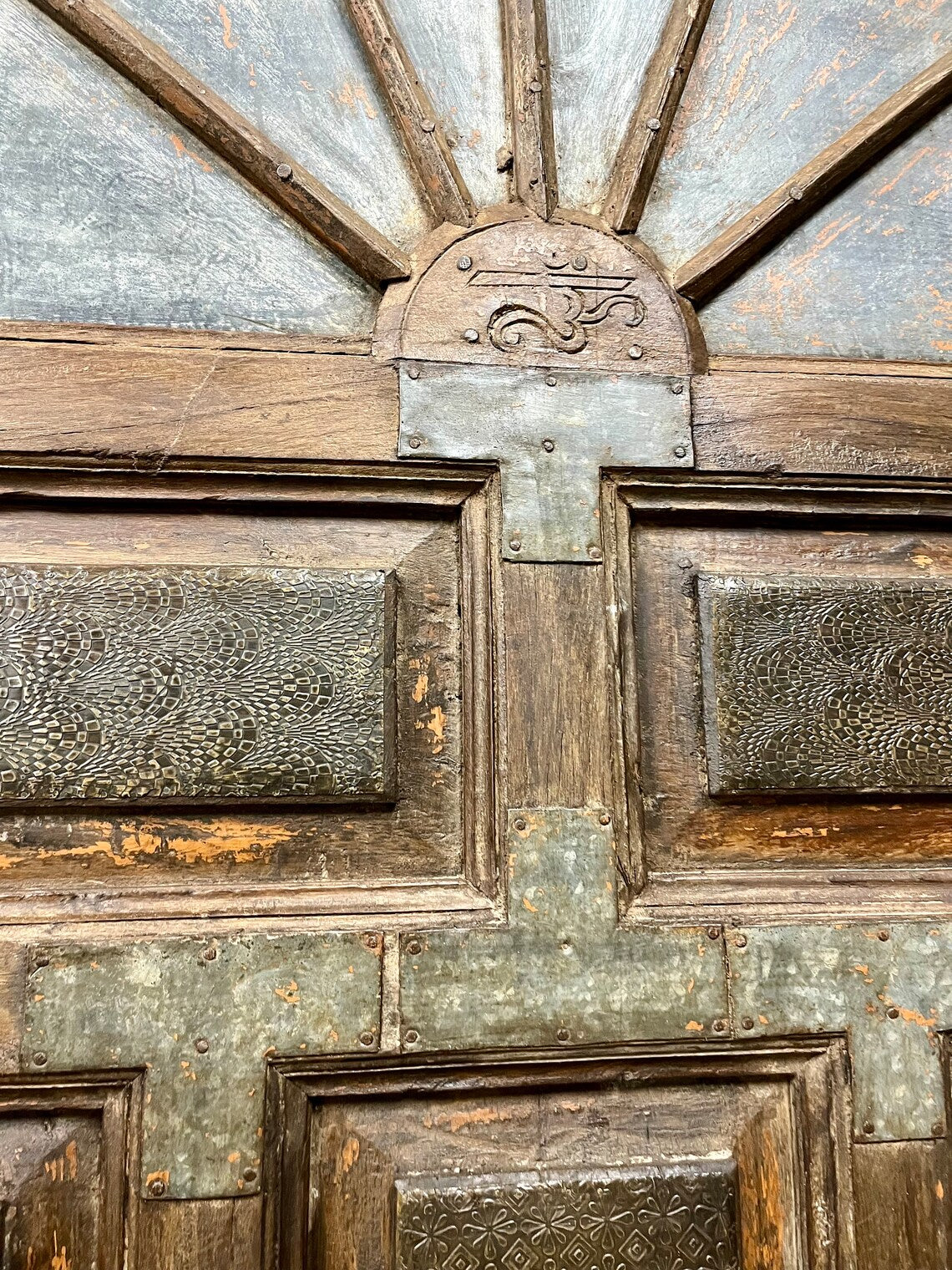 Huge Antique Authentic Door Brass Cladded Carved Farmhouse Entry Doors 118x92