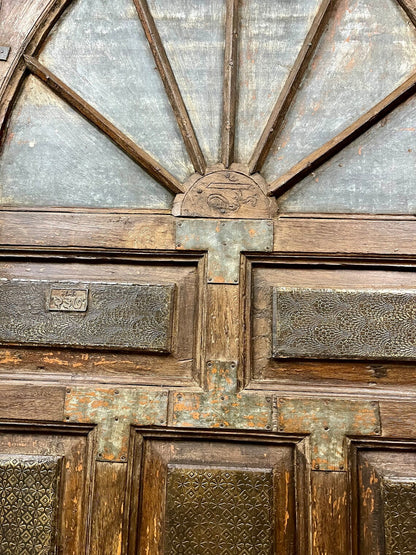 Huge Antique Authentic Door Brass Cladded Carved Farmhouse Entry Doors 118x92